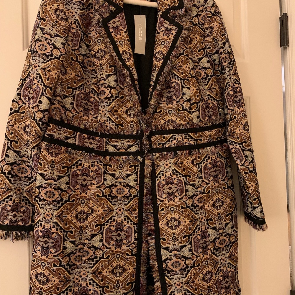 NWT Chicos' SIZE 1 Fringe Trim Jacquard Topper Multicolor Jewel Toned Jacket